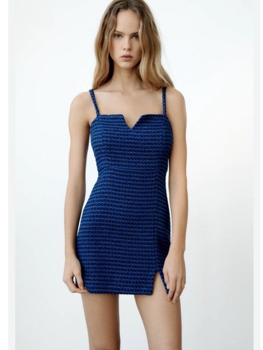 Zara Blue Textured Weave Dress, M